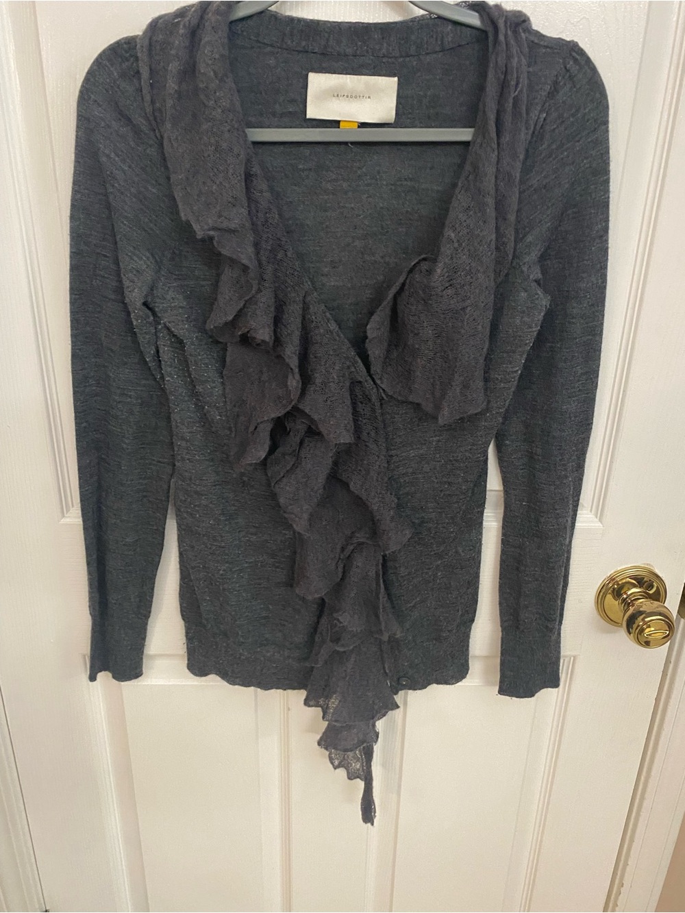 leifsdottir Dark Gray Ruffle Front Cardigan Sweater